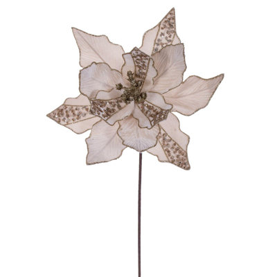 Vickerman 10" x 20" Baby Velvet Striped Poinsettia Stem. It includes three pieces per bag.