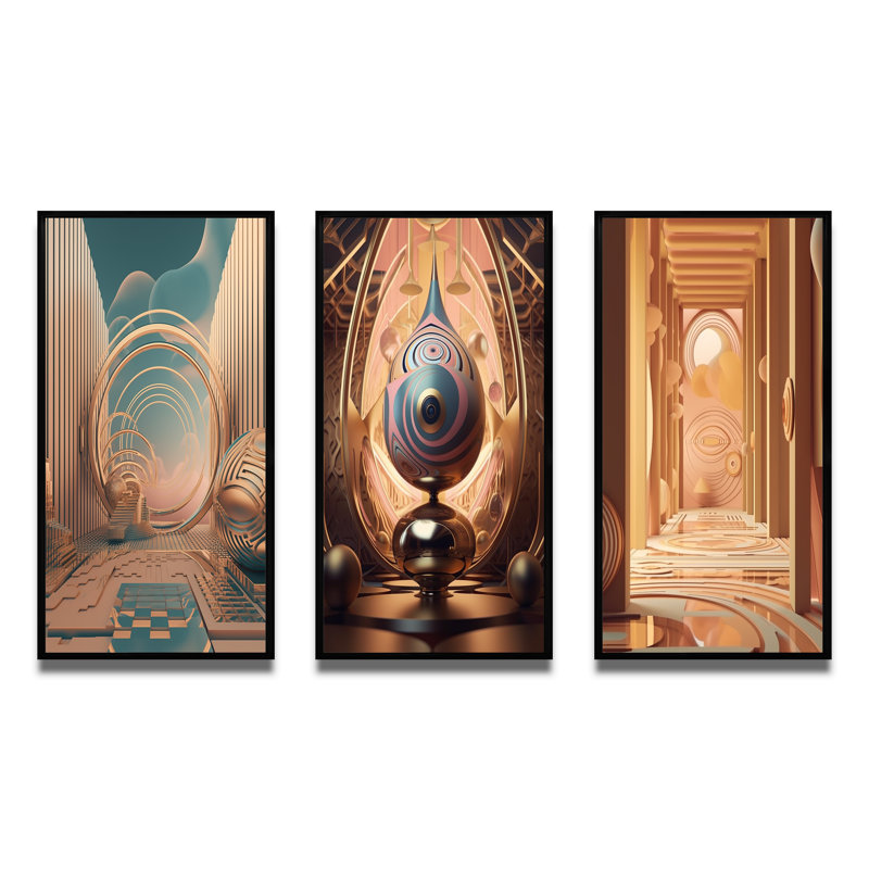 «Futur Folklore Minimal Retro Architecture III», 3 pièces sur toile, Cadre flottant noir, H 32 po x l 48 po