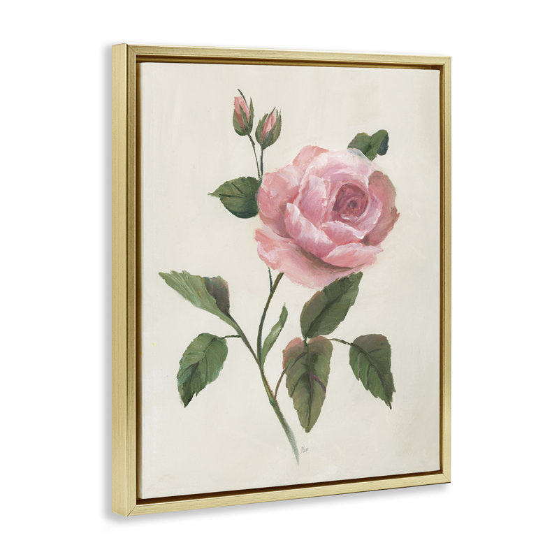 Brindille rose simple, Cadre flottant métallique doré, H 31 po x l 25 po