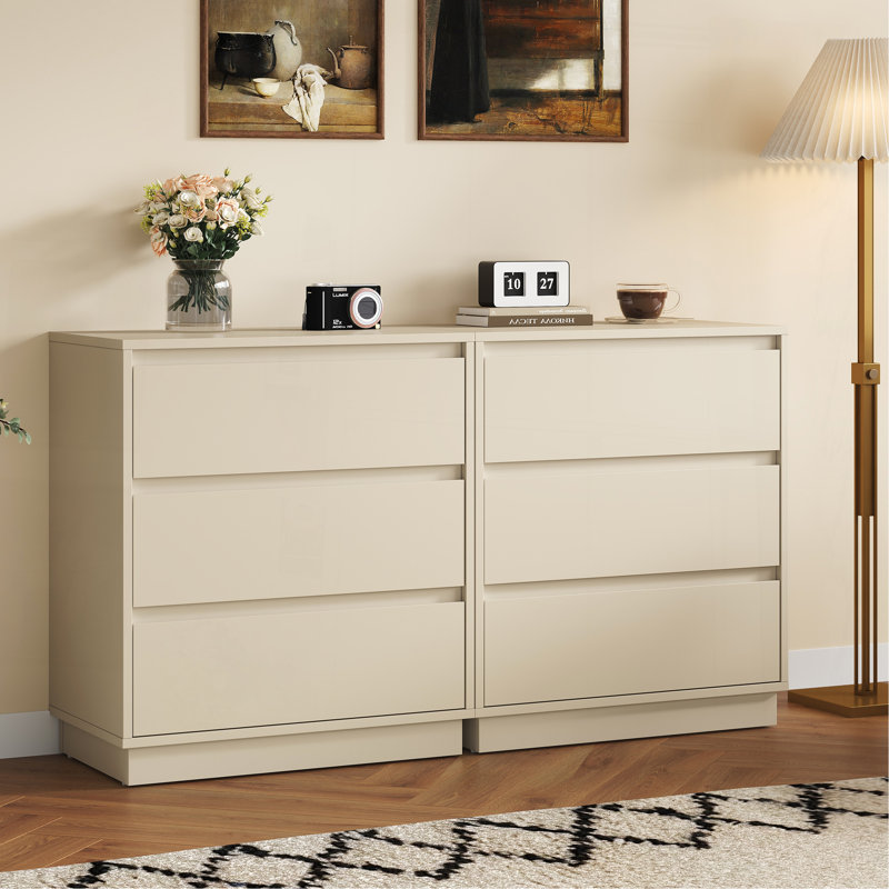 Grand ensemble de 2 commodes à 3 tiroirs, table de chevet moderne pour chambre à coucher, table de chevet large avec système coulissant dissimulé, commode en bois pour le salon, vestibule, beige