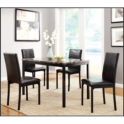 Transitional Five Piece Dining Set With Faux Marble Top And Four Ergonomic Side Chairs For Compact Spaces