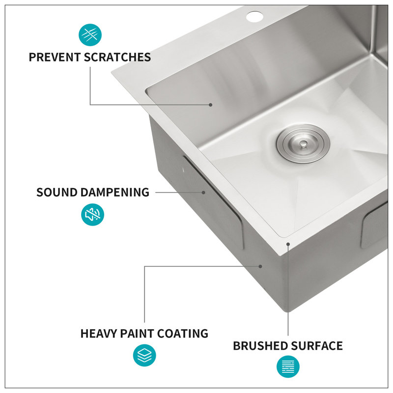 Stainless Steel Drop In Kitchen Sink - 25 Inch Drop-In Topmount Sinks 16 Gauge R10 Tight Radius Deep Single Bowl 25" Basin Sink