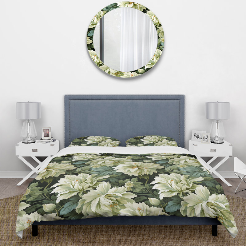 Green Damask Marigold Oasis - Ensemble de housse de couette damassé, Housse de couette pour très grand lit et 2 très