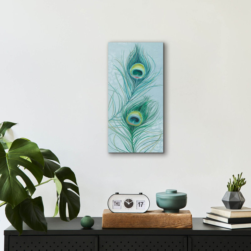 «Blue Feathered Peacock V» par Lisa Audit, art mural en verre acrylique, H 24 po x l 12 po