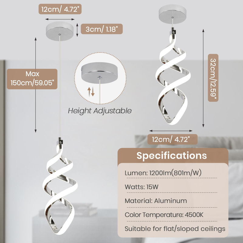15W Modern Led Pendant Light Fixture, Chrome
