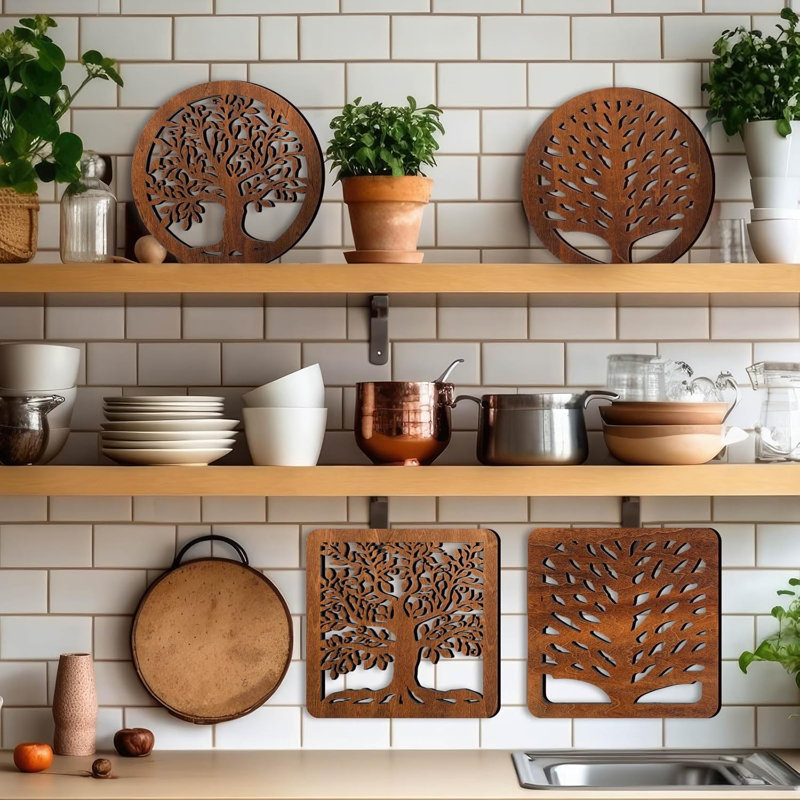 Ensemble de 5 sous-pieds en bois avec support de rangement Hot Pads Sous-plats pour plats chauds Pots et casseroles