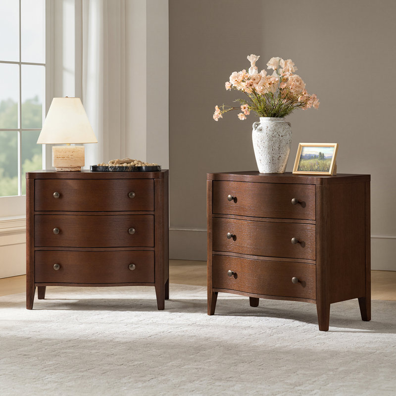 Arelys Modern 27''W 3-Drawers Curves End Table with Built-In Charging Station, Walnut