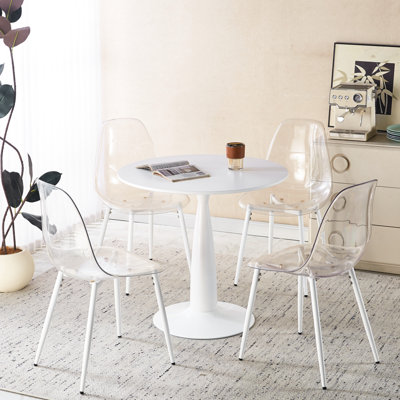 Table de salle à manger à piédestal avec plateau blanc pour 4 à 6 personnes 1 + 4 Mid-Century 5 pièces, table de bout, pieds de table basse en métal, processus d'assemblage facile, facile à assembler et à entretenir