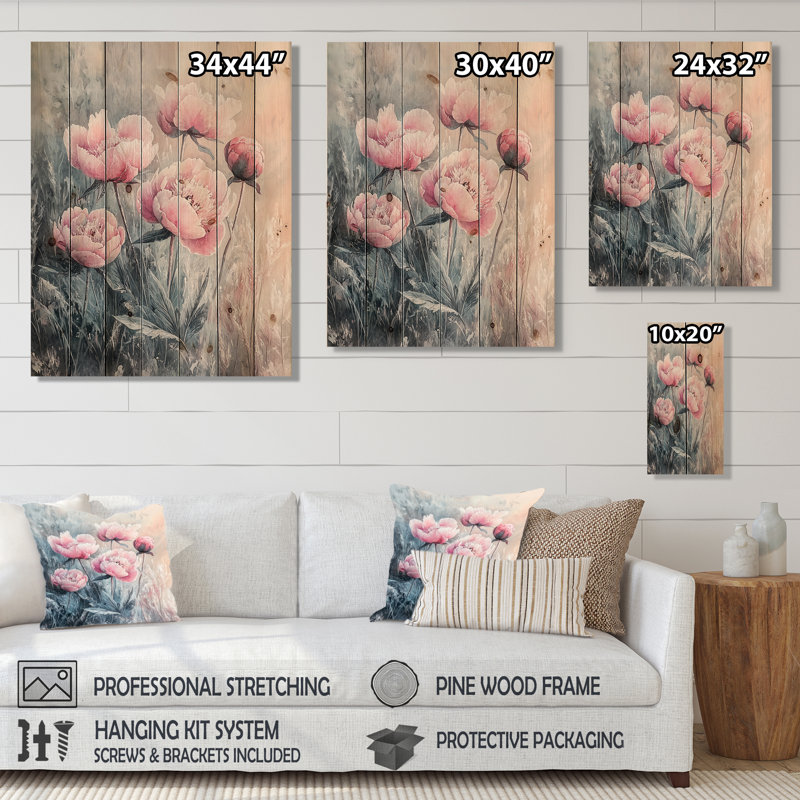 Frosty champ pivoines élégance I - art mural en bois pivoines - sur bois de pin naturel, H 20 po x l 10 po x P 0,78 po