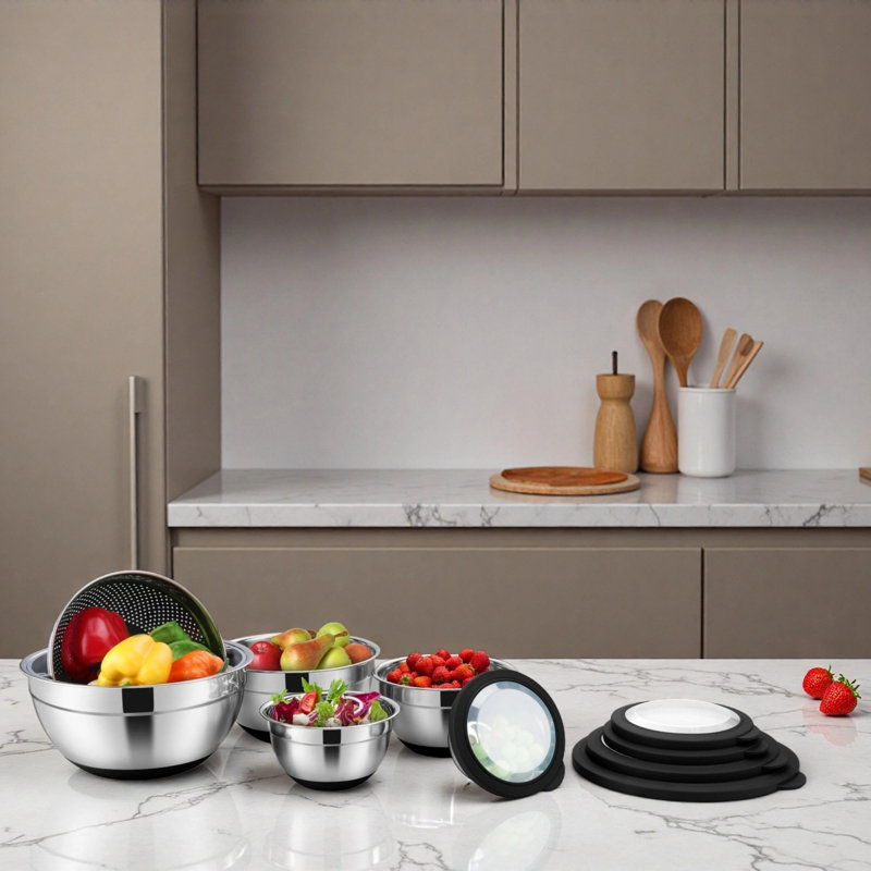 Ensemble d'ustensiles de cuisine 32 pièces en acier inoxydable avec bol à mélanger 5 pièces avec couvercles 32 pièces, Noir
