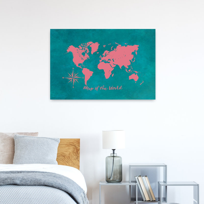World Map Compass Contemporary Wall Art Print, 60.96cm H x 91.44cm W