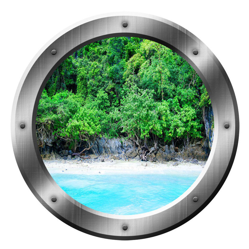 Décalcomanie murale hublot de plage 3d island beach scene, H 14 po x l 14 po x P 0,01 po
