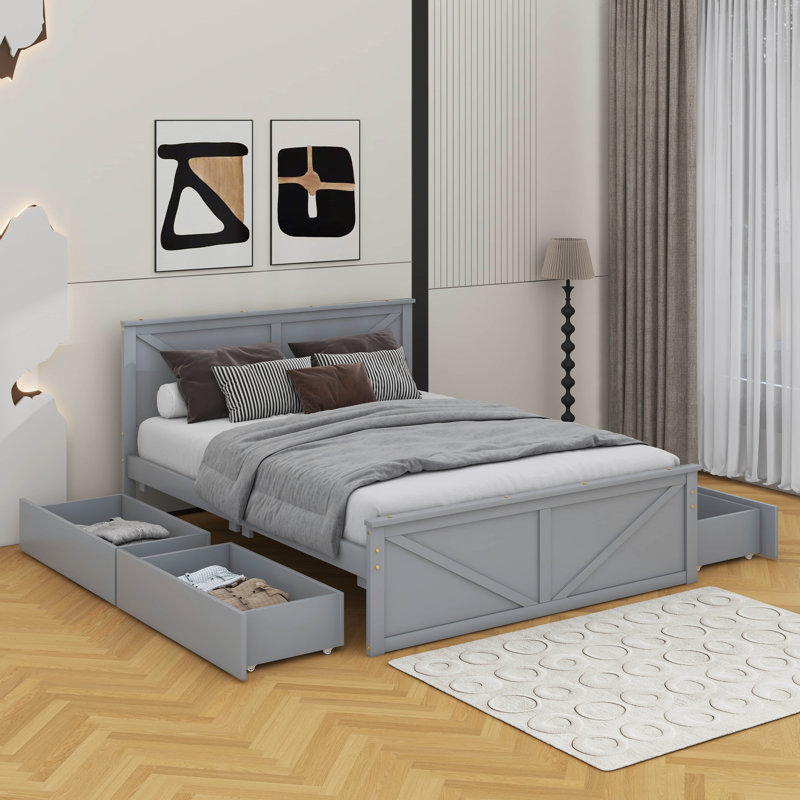 Grand lit plateforme en bois avec 4 tiroirs de rangement, Gris