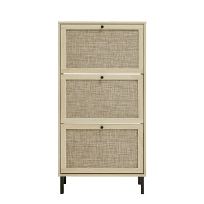 Rattan 3 Door Shoe Rack, Freestanding Modern Shoe Storage Cabinet, for Entryway