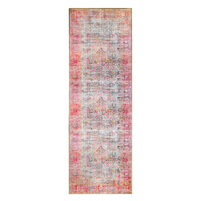 Tapis d'intérieur en polyester Huda avec envers en toile de coton, Tapis de couloir 2 pi 6 po x 7 pi 6 po, Rouge rubis