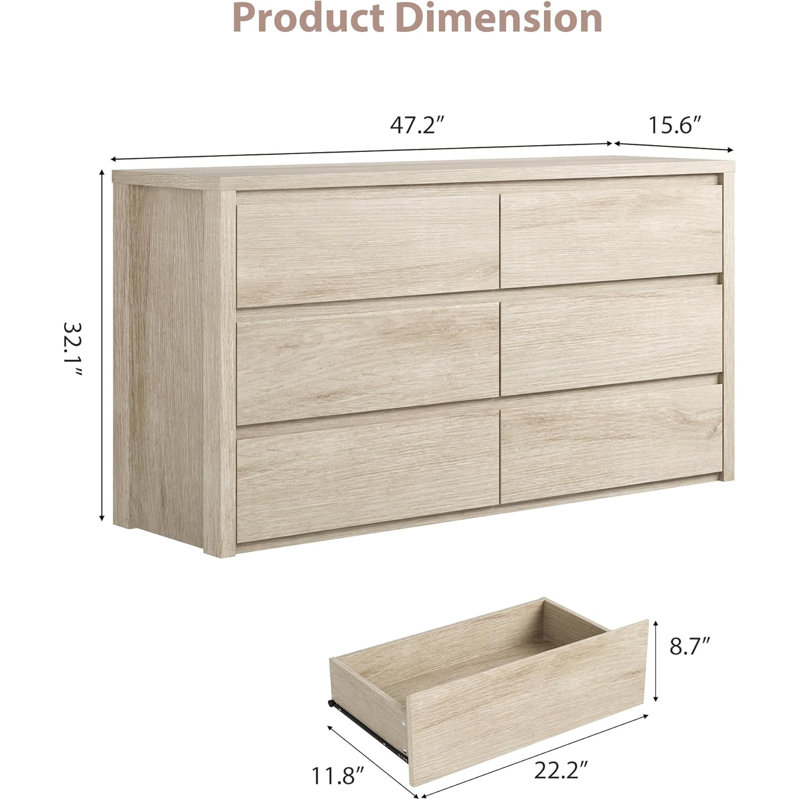 Rustic Farmhouse 6 Dresser for Bedroom, Wooden Drawer Dresser, Handle-Free Storage Cabinet with Drawers, Yellow