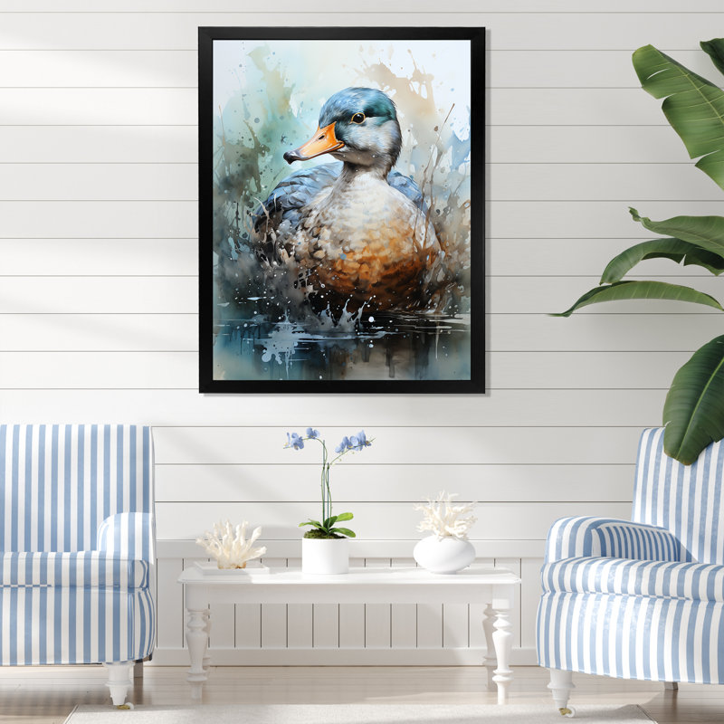 Canard bleu au bord du lac, H 20 po x l 12 po x P 1 po, Cadre simple noir