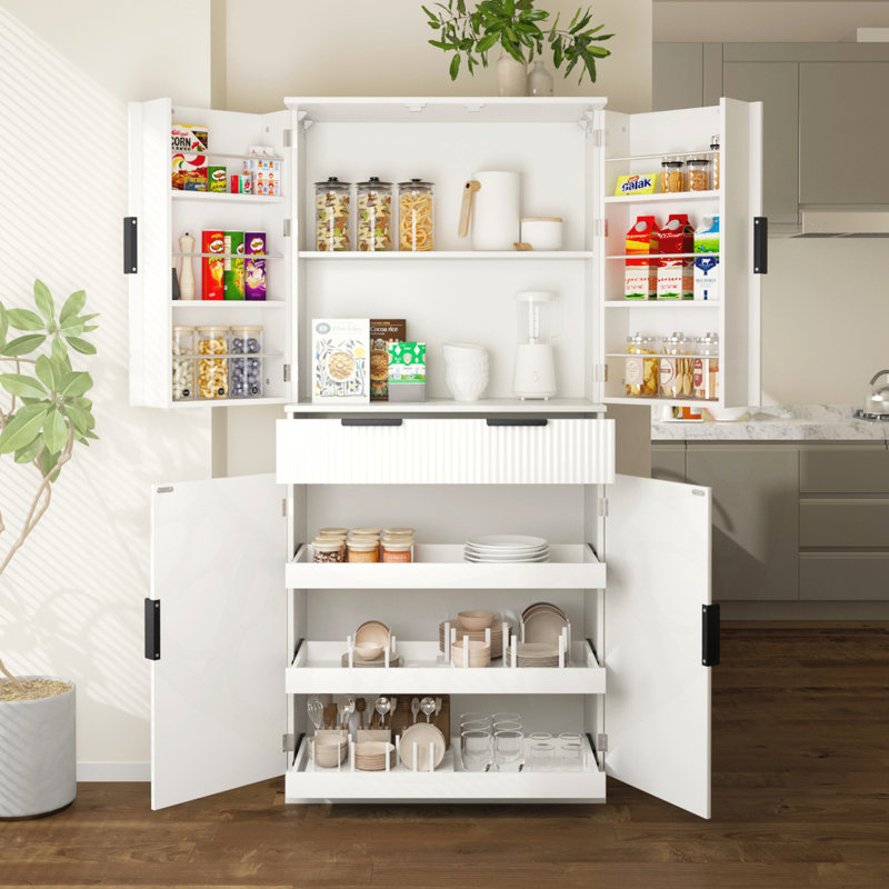 Spacious Fluted Kitchen Pantry Hargett with 3 Keyboard Drawers and 6 Adjustable Shelves, Perfect for Versatile Storage in Multiple Rooms
