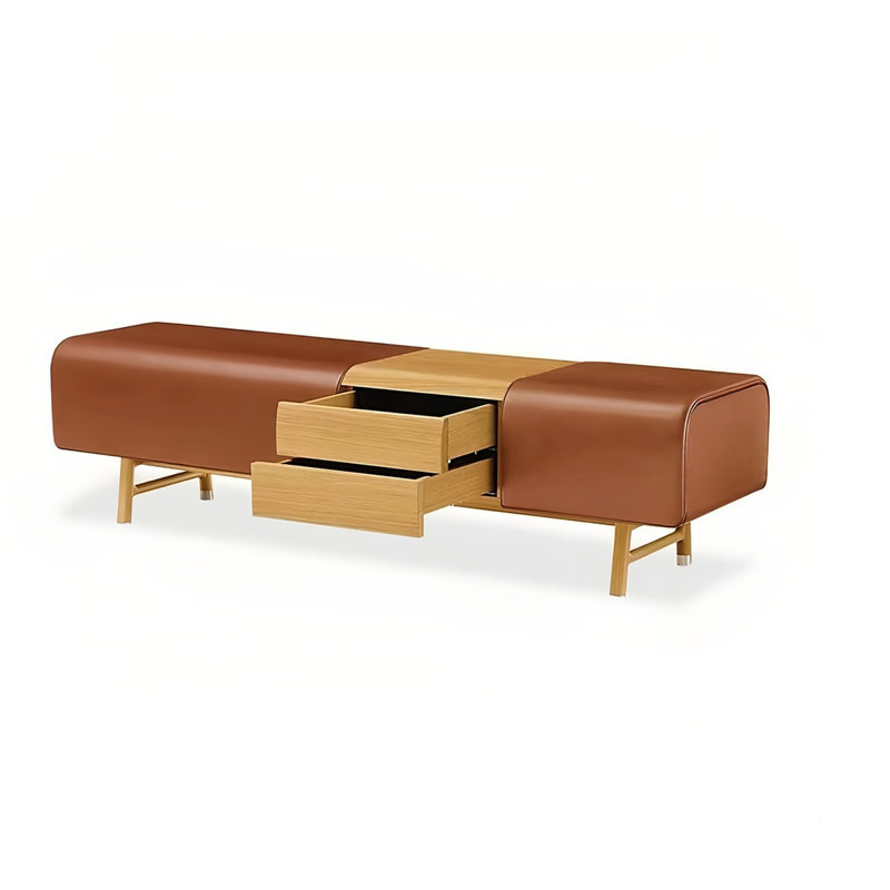 Banc de rangement rembourré en cuir, Brun rougeâtre / naturel