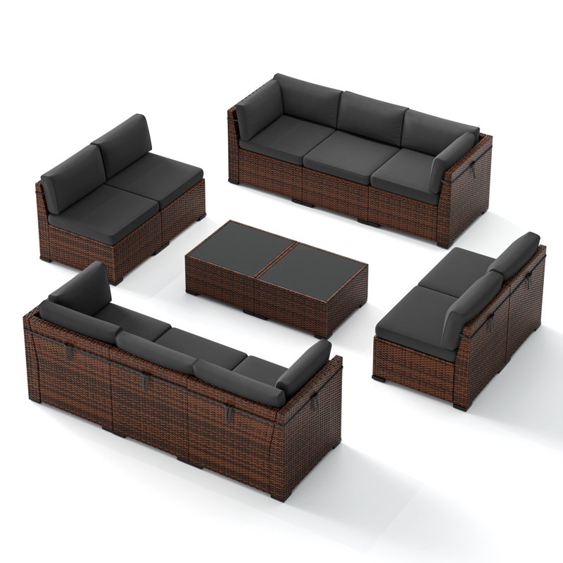 Ensemble de conversation modulaire d'extérieur en osier avec coussins 10 personnes Mecayla, Gris, 10