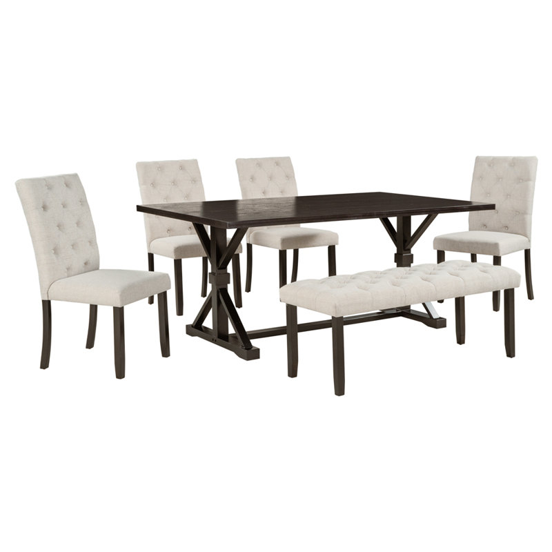 6-Piece Farmhouse Dining Table Set 72" Wood Rectangular Table, 4 Upholstered Chairs with Bench, Espresso