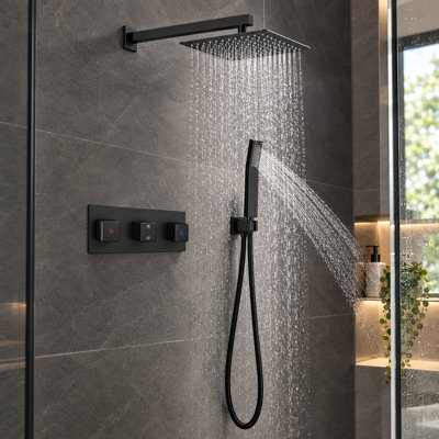 Système de pomme de douche à pluie 10 pouces, ensemble de mélangeur de pluie pour salle de bain de luxe avec douchette, valve brute incluse