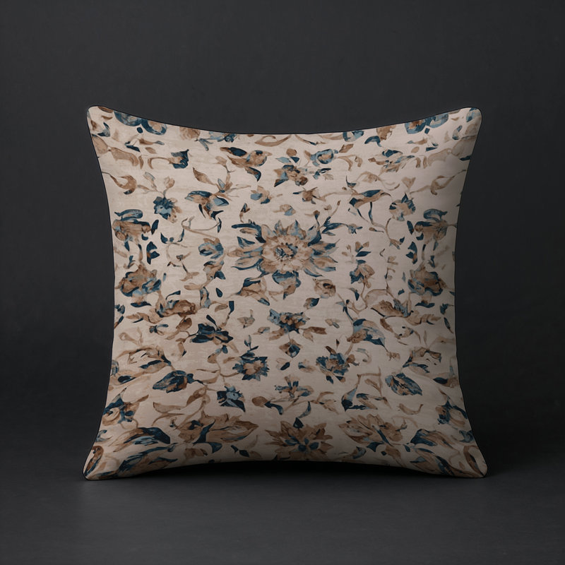 Coussin décoratif intérieur et extérieur Modern, Ivoire / bleu sarcelle / brun floral, Carré 16 po