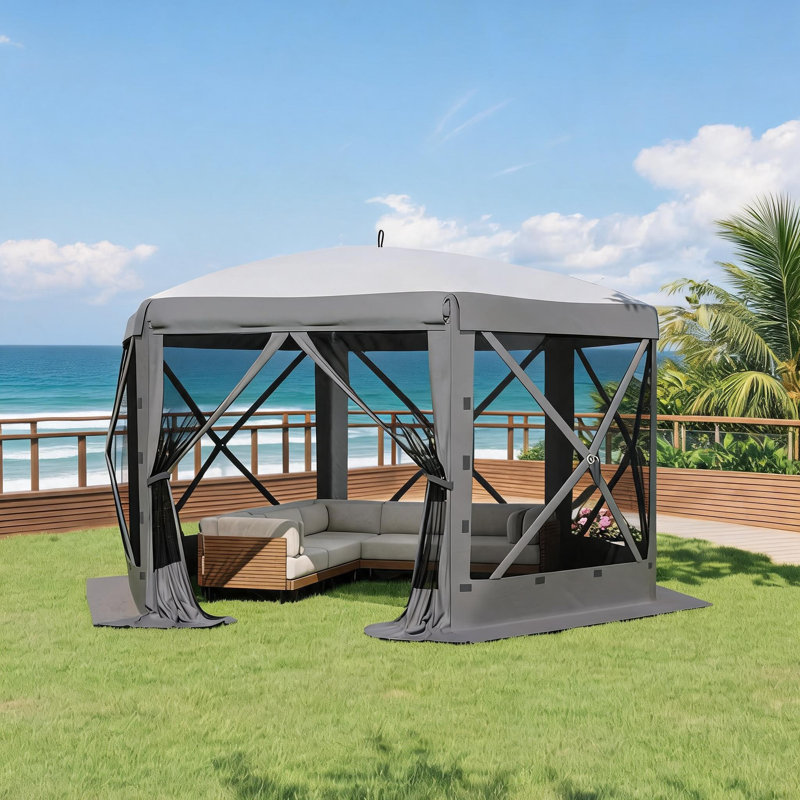 Pavillon de jardin escamotable 13 pi avec moustiquaire et linges amovibles, 6 côtés, Gray