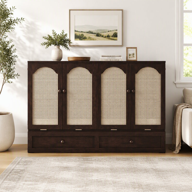 Grand lit escamotable, armoire-lit en bois de pin avec centrale électrique et panneau de décoration en rotin, Espresso