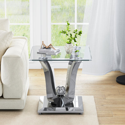 Elegant 23" Square Glass End Table With Modern Mirrored Stainless Steel Base And Tempered Glass Top