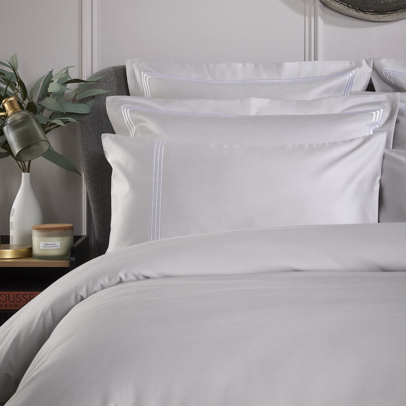 Cate 800 Thread Count Triple Row Cord Embroidered Sateen Pillow Cases, Grey/White
