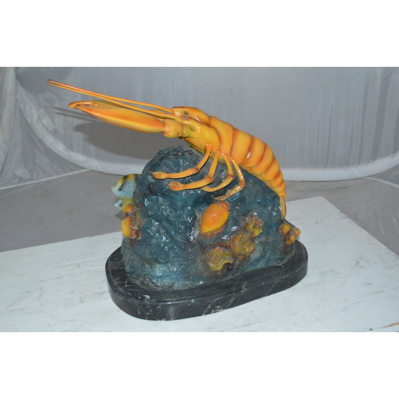 Statue bronze homard avec poisson - Taille: L 9 po x l 18 po x H 16 po.