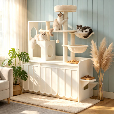 Meuble tout-en-un pour arbre à chat et litière, maisonnette en bois pour chat avec poteaux à griffer en sisal, armoire latérale pour animaux
