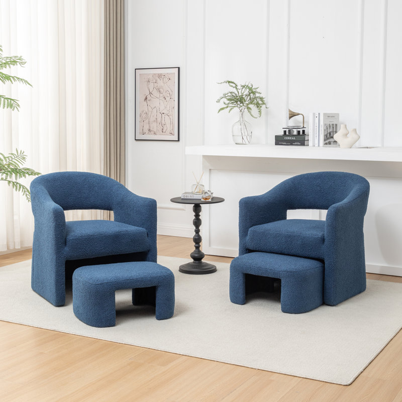 Torrence Upholstered Barrel Chair With Ottoman, Navy Faux Fur