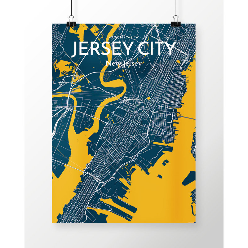 «Jersey City City Map», reproduction d'impression sur affiche en bleu, H 17 po x l 11 po