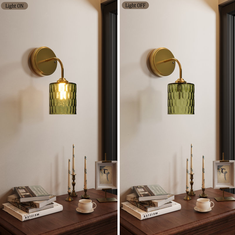 2-Pack Rechargeable Gold Wall Sconce With Hammered Glass Shade, Dimmable LED Cordless Wall Lights With Remote, Green