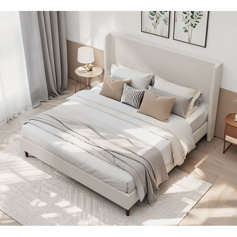 King Size High Headboard Upholstered Bed - Beige Chenille Cloth, 12-Slat Support, No Box Spring Needed​, King