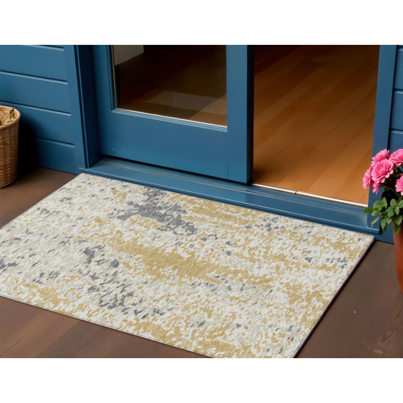 3' X 5' Gold And Ivory Abstract Washable Indoor Outdoor Area Rug