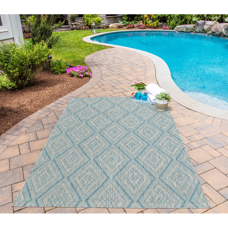 Tapis géométrique bleu clair, Rectangle 3 pi 11 po x 5 pi 7 po