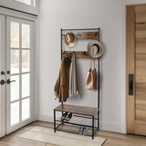 Ahmare Coat Rack Stand with Shoe Storage Bench 9 Hooks Rustic Brown Entrance Hall 