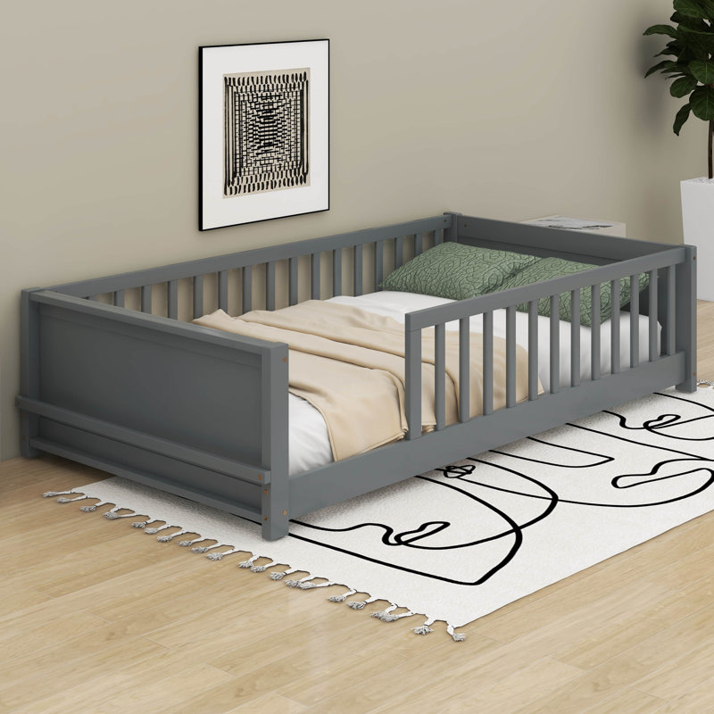 Newton Twin Size Floor Platform Bed With Built-In Book Storage Rack, Gray