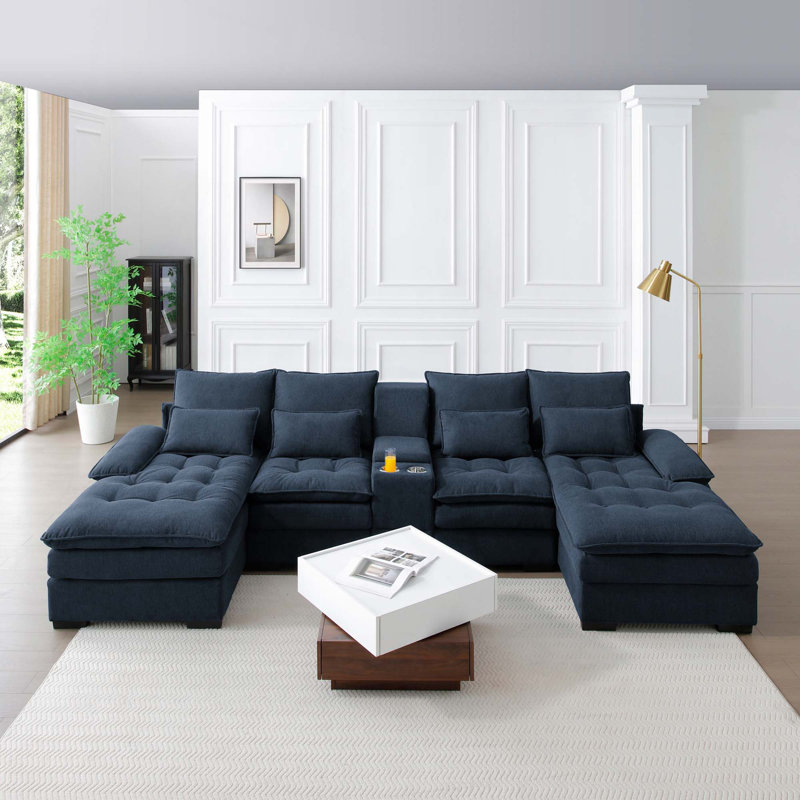 130"  U-shaped Sofa with Console,Cupholders,6-seat Upholstered primary living space Furniture,Sleeper Couch Set with Chaise for Living Room,Apartment