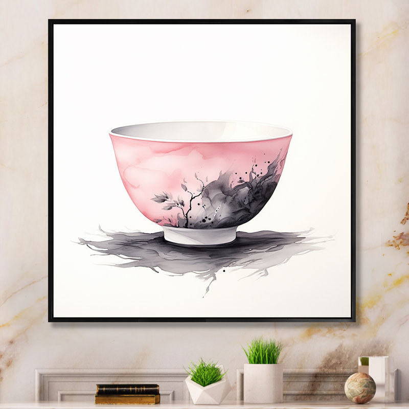 «Pink Chinese Teacup Delight I», art mural Chine, Cadre flottant noir, 30" H x 30" W