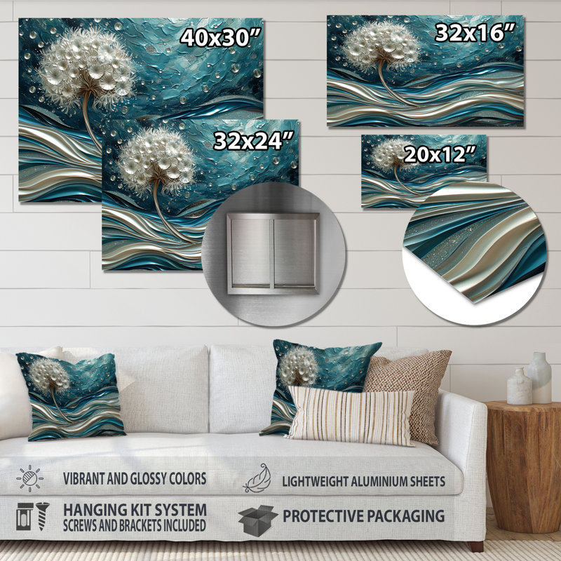 Pissenlit argenté dans des vagues turquoise éclatantes - Pissenlit, impression d'art mural, Métal métal