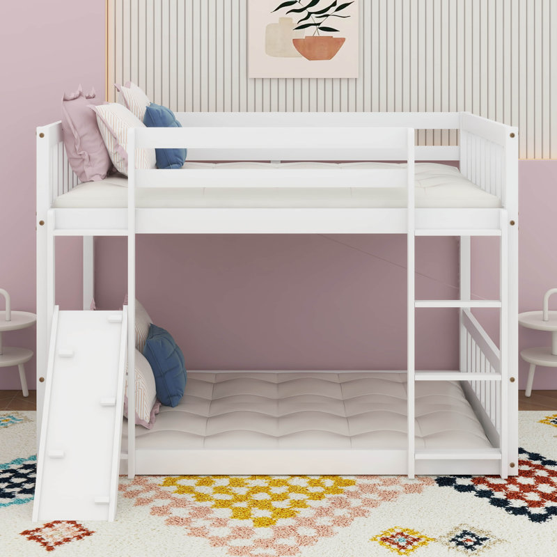 Twin Over Twin Floor Bunk Bed, Playhouse Floor Bunk Bed With Climbing Ramp, White