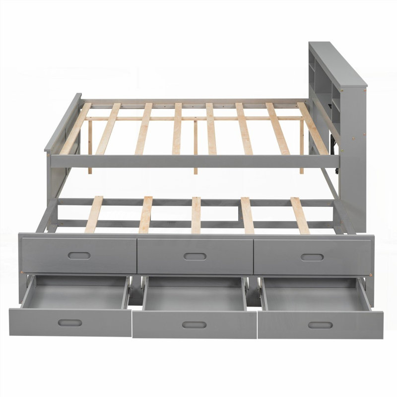 Lit plateforme double avec USB, 3 tiroirs et amp; Lit gigogne simple, sans sommier, gris, gris