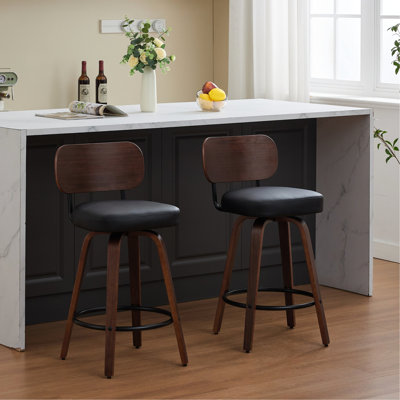 Mid Century Modern Of 2 Black Pu Upholstered Swivel Bar Stools, 360° Swivel, Walnut Back, Comfortable For Reception 26" Counter Height 2, Faux Leather With Metal Footrest, Ideal Kitchen And