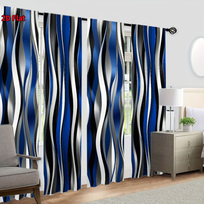 4Pcs Blue Black White Wavy Vertical Stripe Window Curtains, Artistic Aesthetic Pattern Drapes for Living Room Bedroom Kitchen, Light Filtering Privacy Panels Home Decor