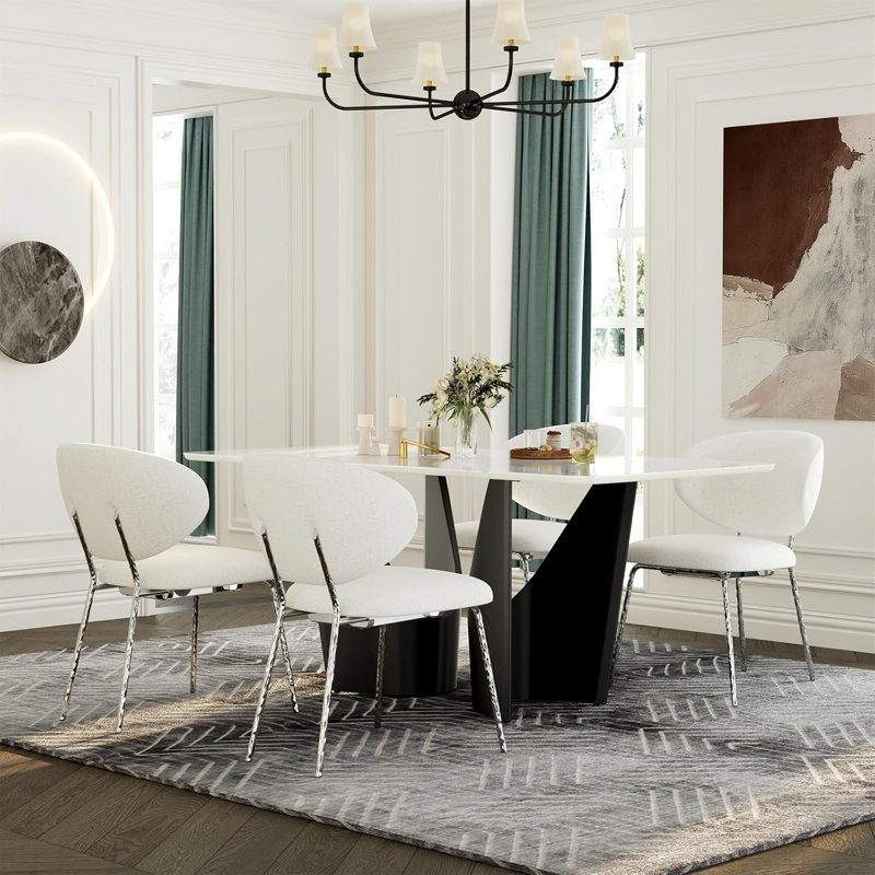 Table de salle à manger en pierre frittée blanche de 71 pouces avec base en métal au fini noir