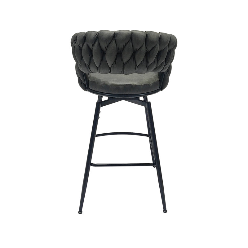 Ensemble de 2 tabourets de bar en cuir technique tressé de 71 cm (28 po), tabourets de bar sans pieds réglables, chaises d'îlot de cuisine pivotantes à 360°, tabourets de comptoir rembourrés avec accoudoirs et repose-pieds.